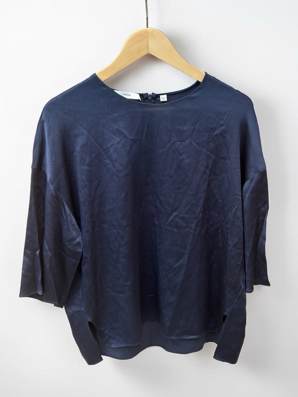 Vince Navy Blue Short Sleeve Silk Blouse Top Sz Large